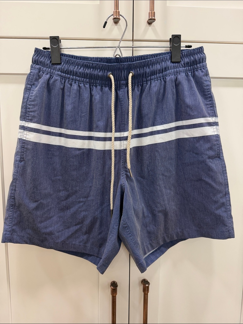 Fair Harbor Navy Swim Trunks with White Stripes